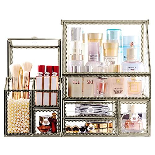 Hersoo Stackable 3Pieces Drawer Set Glass Makeup Organizer Antique Countertop Vanity Cosmetic Storage Box Mirror Glass Beauty Display, Holder for Brushes Lipsticks Skincare Toner with free Pearl (Brass)