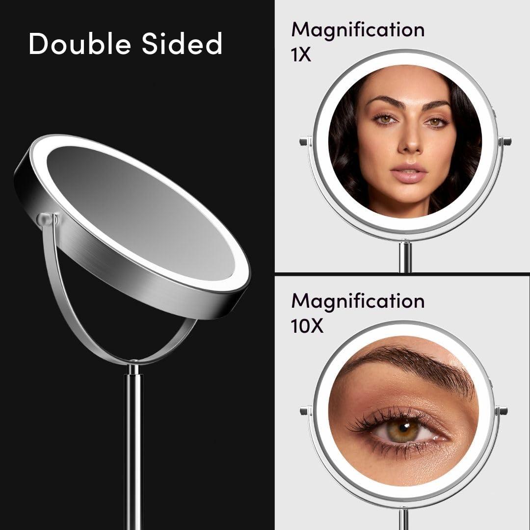 Fancii Fancii 8 Inch Lighted Makeup Mirror with Magnification, 10X /1X - Height Adjustable, Rechargeable, Double Sided LED Vanity Mirror with Light and Stand, 360 Swivel (Hailey)
