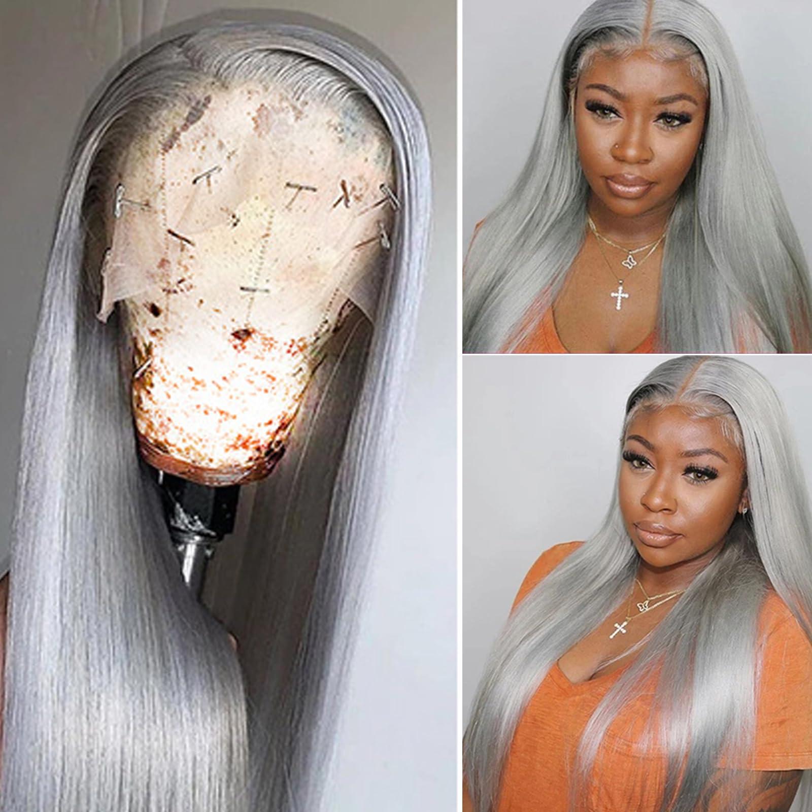 Smavida Grey Lace Front Wigs Human Hair for Women,24 150% Density Silver Straight Human Hair Wigs 13X4 Grey HD Transparent Lace Front Wig Human Hair Wigs with Baby Hair Silver Human Hair Lace Front Wigs