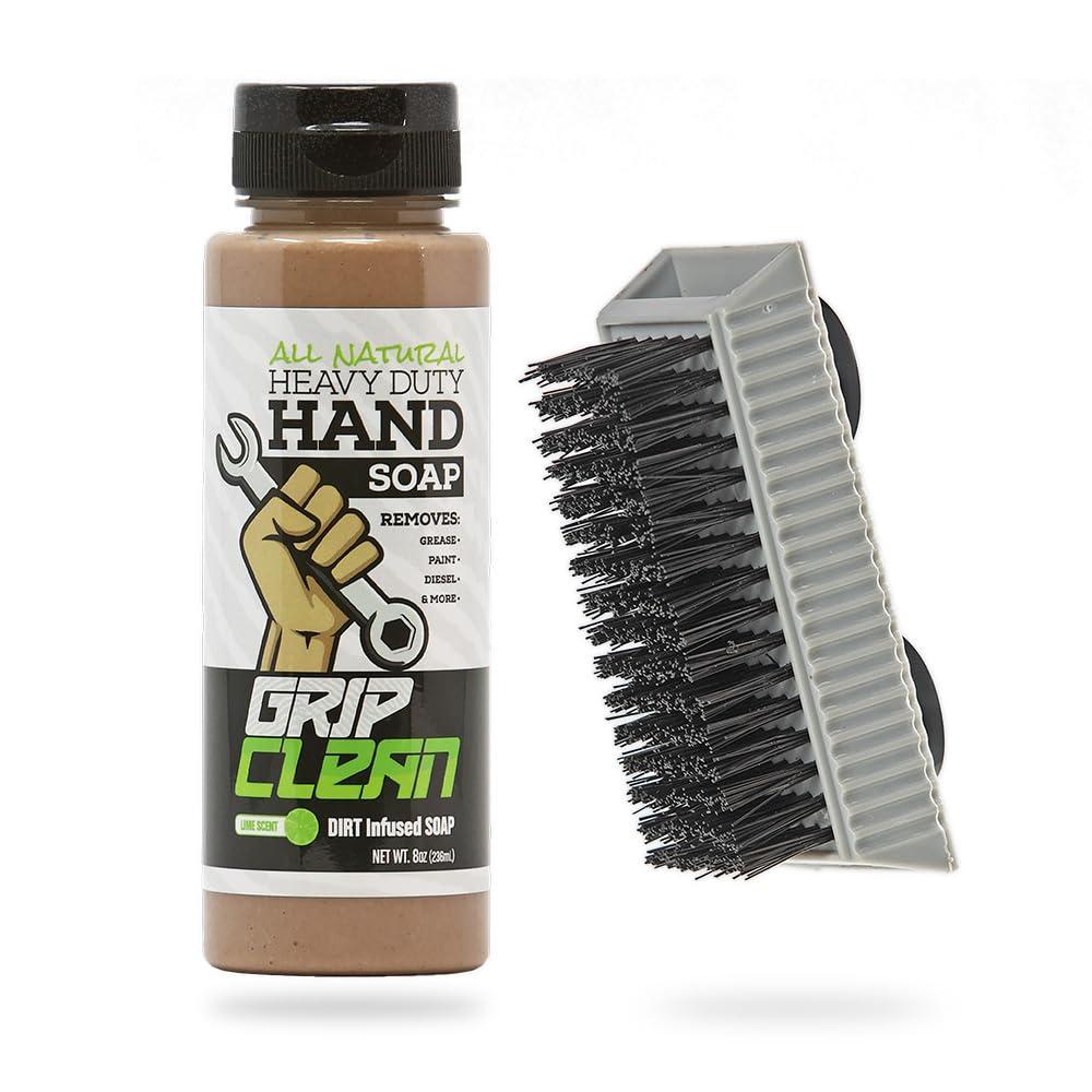 Grip Clean Grip Clean Squeeze Bottle & Brush Combo - Heavy-Duty Degreaser Hand Cleaner & Nail Brush Set - Tackle Grease, Oil, & Grime with Natural Pumice Soap & Nail Cleaning Scrub for Clean Hands & Nails