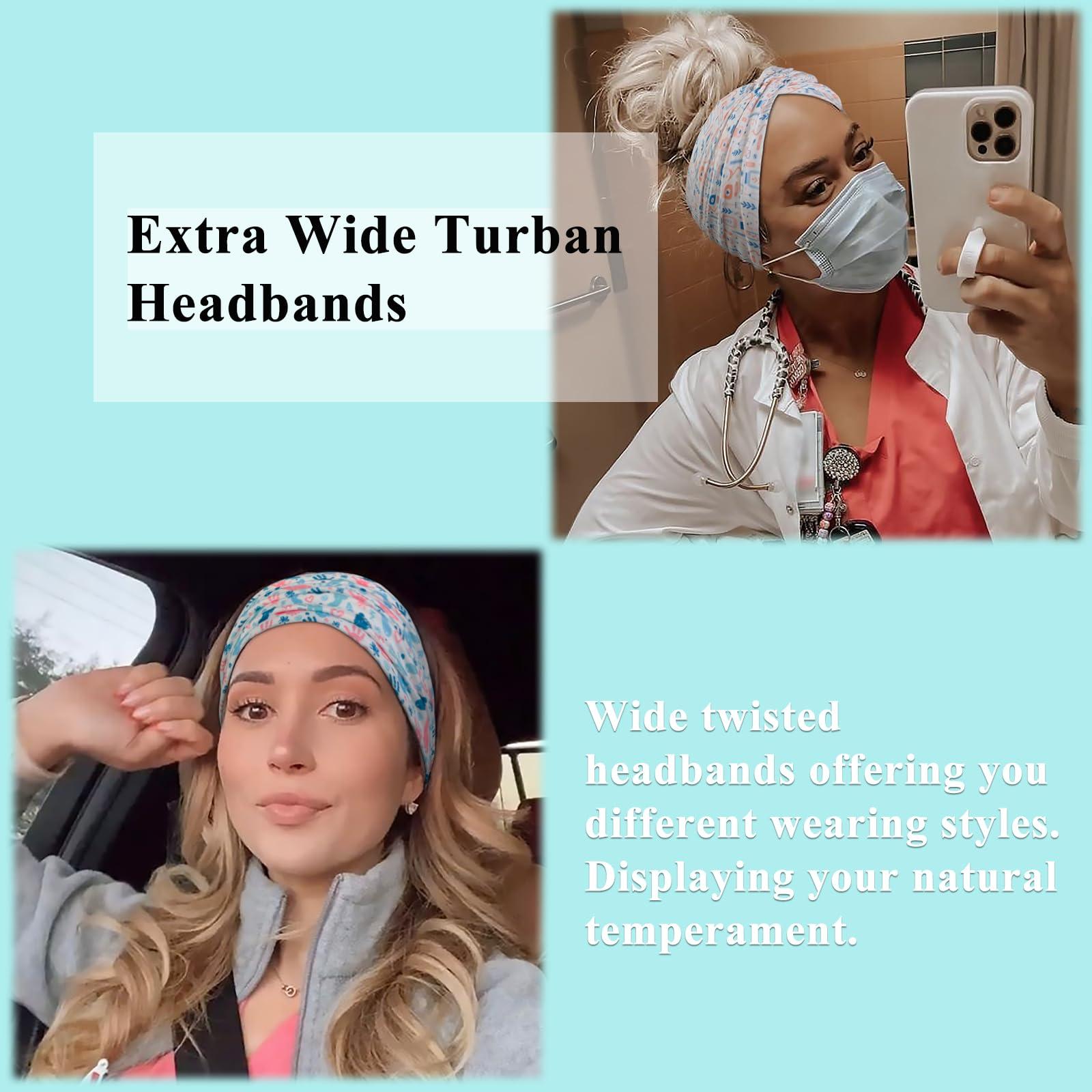Tobeffect Tobeffect Extra Wide Turban Headbands for Women, 7\'\' Large Wide Headband for Nursing Cute Printed Nurse Head Bands Twisted Knotted Hairbands Non Slip Cloth Headbands for Women Hair Accessories 6 Pack