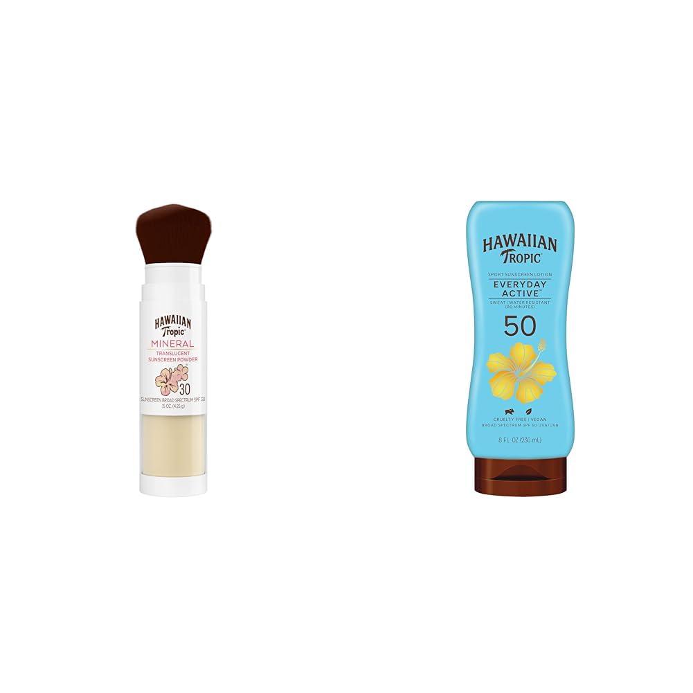 Hawaiian Tropic Hawaiian Tropic Mineral Powder Sunscreen Brush SPF 30 & Everyday Active Sunscreen Lotion SPF 50 Bundle, 8oz