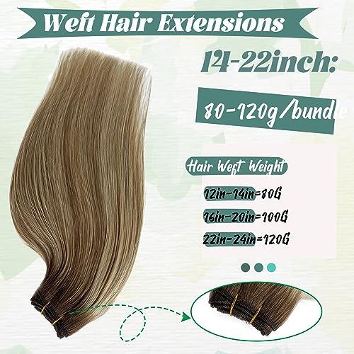 Smavida Ombre Blonde Hair Extensions Sew in Human Hair,14 Inch Light Brown Mixed Platinum Blonde Highlights Blonde Sew in Hair Extensions Real Human Hair Balayage Remy Human Hair Weaves for Women Full Ends