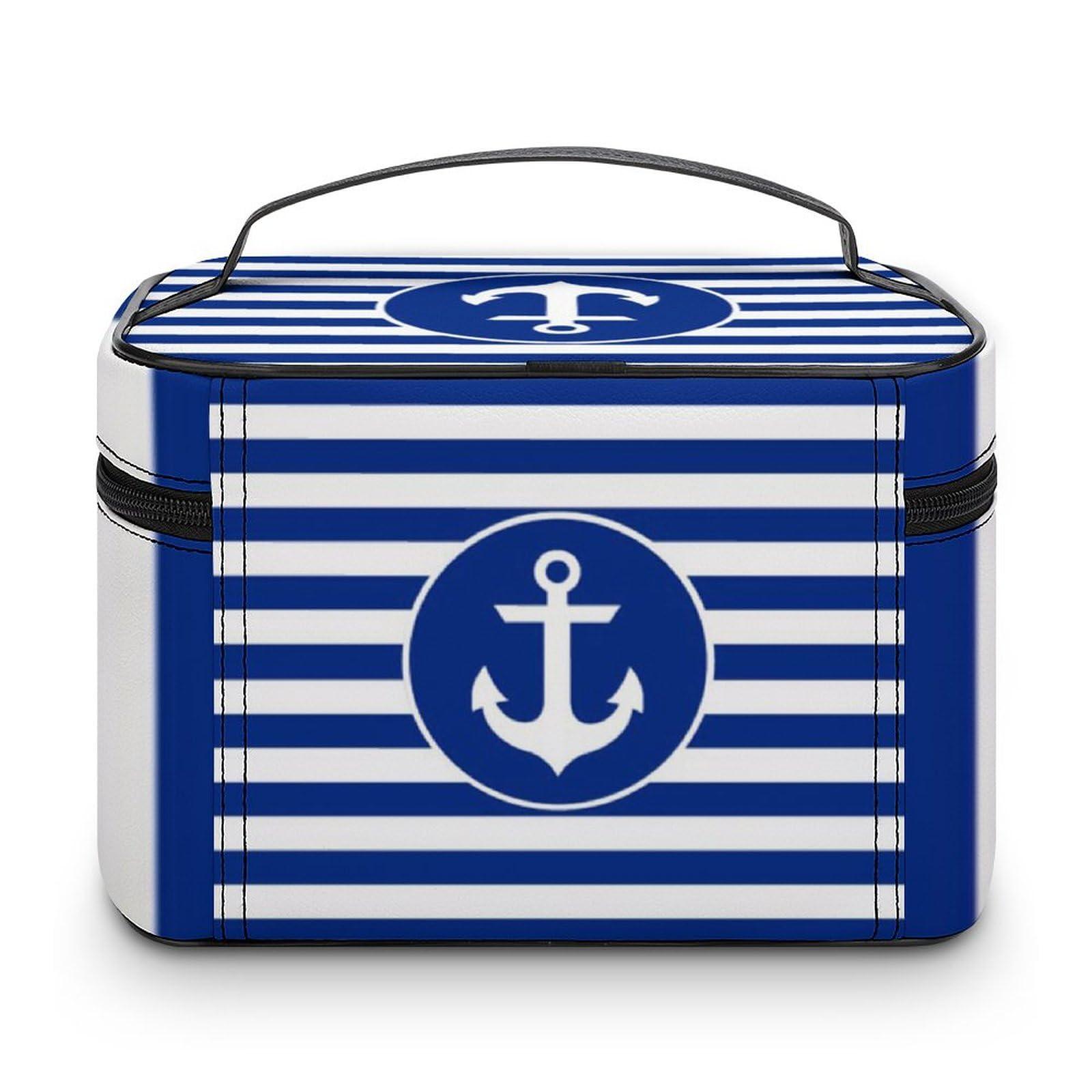 Nosarte Nautical Blue and White Anchor Striped Cosmetic Bag, Travel Portable Makeup Bag for Purse Pouch Beauty Zipper Organizer Toiletry Bag for Women
