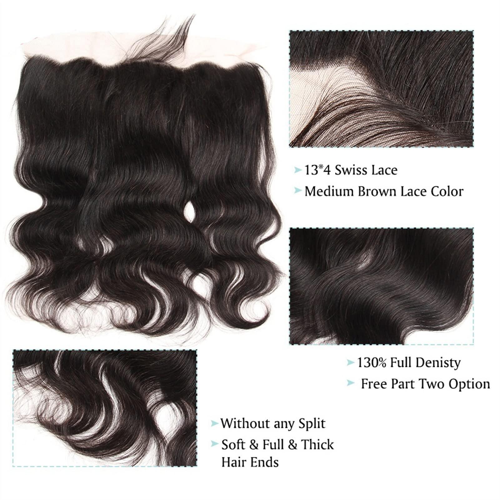 TOMYEUS KIZQYN Human Hair Bundles Malaysian Human Hair Bundles with Closure, Body Wave Lace Frontal Bundles with Closure, 8-28 inch Non-Remy Human Hair Weave 3/4 Bundles with Closure Braiding Hair