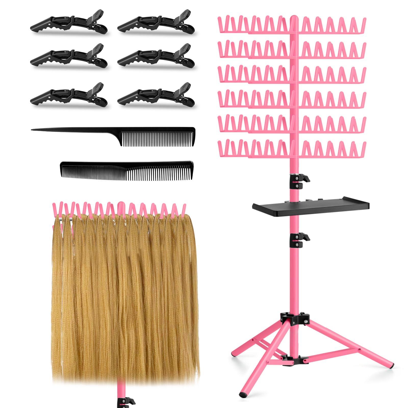 OLMRJKD OLMRJKD Braiding Hair Rack with Tray, 144 Pegs Height Adjustable Braiding Rack, 2-side Hair Extension Holder Hanger, Hair Stand with Stylist Hair Braiding Tools for Hair Salon Home Traveling (Pink)