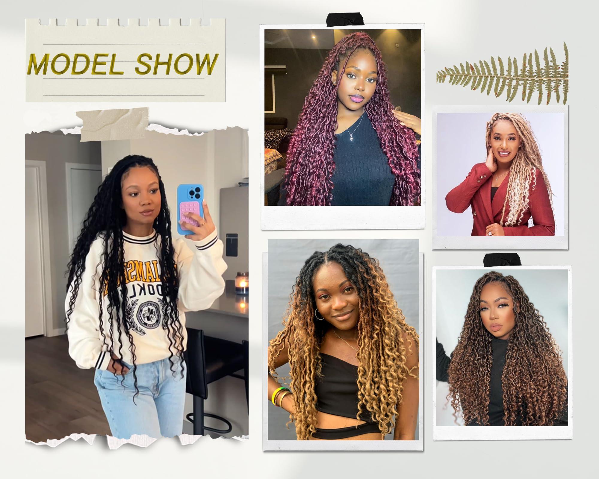 Alimiriam Long Goddess Locs Crochet Hair 8Packs 30inch Ombre Blue River Curls Crochet Hair Boho Faux Locs Wavy Crochet Curly Hair with Curly Ends Synthetic Hair Extensions(30\" 8Packs T1B/blue#)