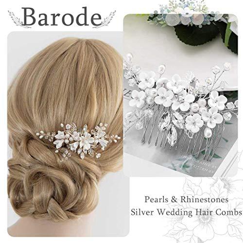 Barode Barode Bridal Wedding Hair Comb Flower Silver Sparkly Rhinestone Side Combs Crystal Bride Leaf Pearl Hair Accessories for Women and Girls (Silver)