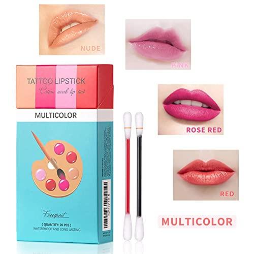 PICKX PICKX 20Pcs Cotton Swab Tattoo Lipstick, Tattoo Lipstick Cotton Swab Lip Tint, Waterproof and Long Lasting Liquid Non-Stick Portable Lip Gloss (Pink)