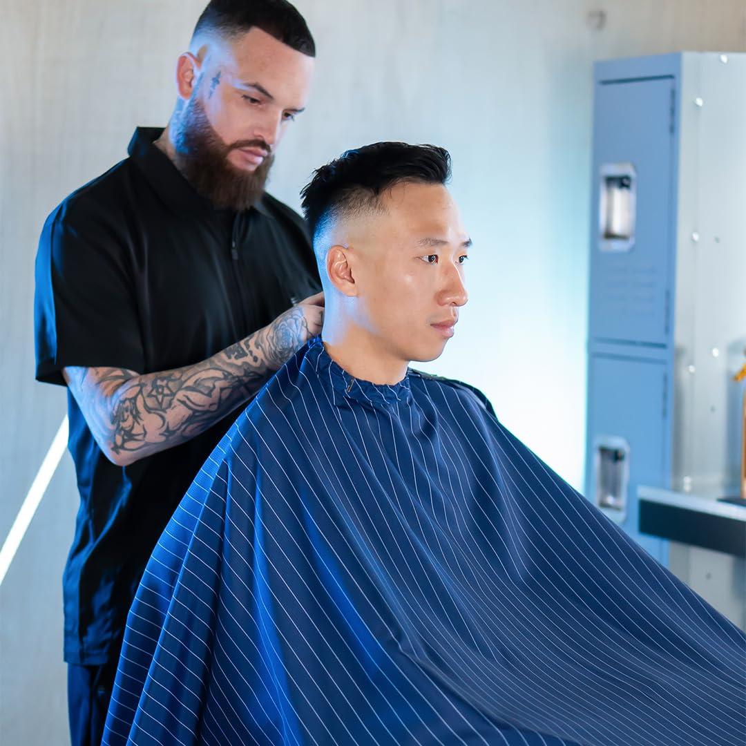 Barber Strong Barber Strong The Barber Cape Haircut Cover for Men, Hair Repelling and Static-Reducing Material, Flexible Elastic Neckband, Water Resistant Fabric, Oversized for Complete Coverage - Blue/White Stripe