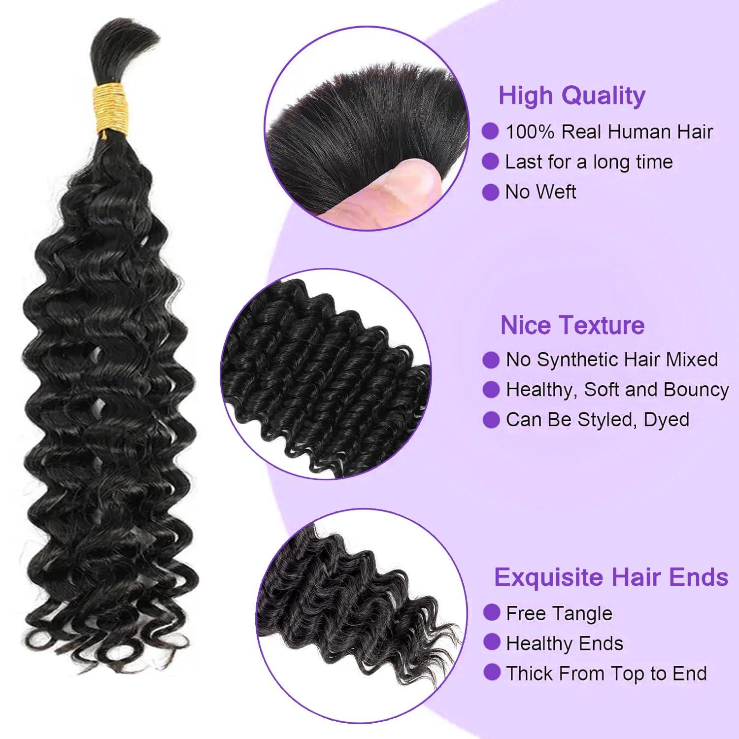 GYAJEP Human Braiding Hair Deep Wave Bulk Human Hair for Braiding,1 Bundle Curly Human Hair for Boho Braids,100% Unprocessed Virgin Human Hair Extensions 50g/pack Curly Natural Black 26 Inch