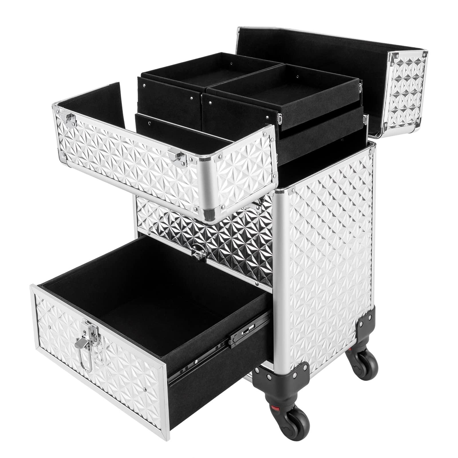 KJNHhugH KJNHhugH Professional Makeup Case Trolley, Rolling Nail Case Wheeled Manicure Storage Case Cosmetic Trolley Cosmetologist Stylist Case for Studio or Travelling, 13.4x9.8x18.5Inch (Sliver)
