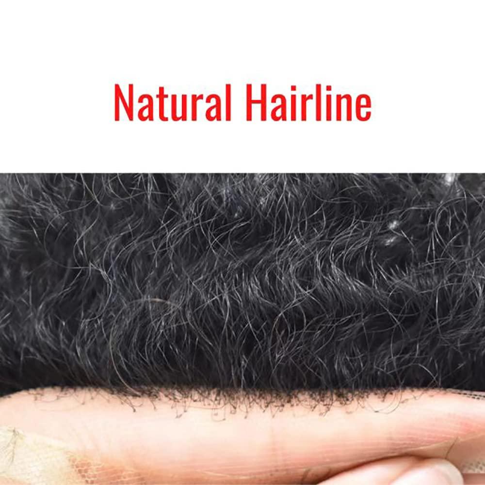 Hair Wonders Hair Wonders Lace Front Afro Toupee for Black Men Kinky Curly Hair Systems for African American Men Injected Breathable Tiny Holes Pu Base Afro Wave Hair Units Durable Non Surgical Hair Replacement Weave Unit for Black Men 8x10 inch Medium Density (1