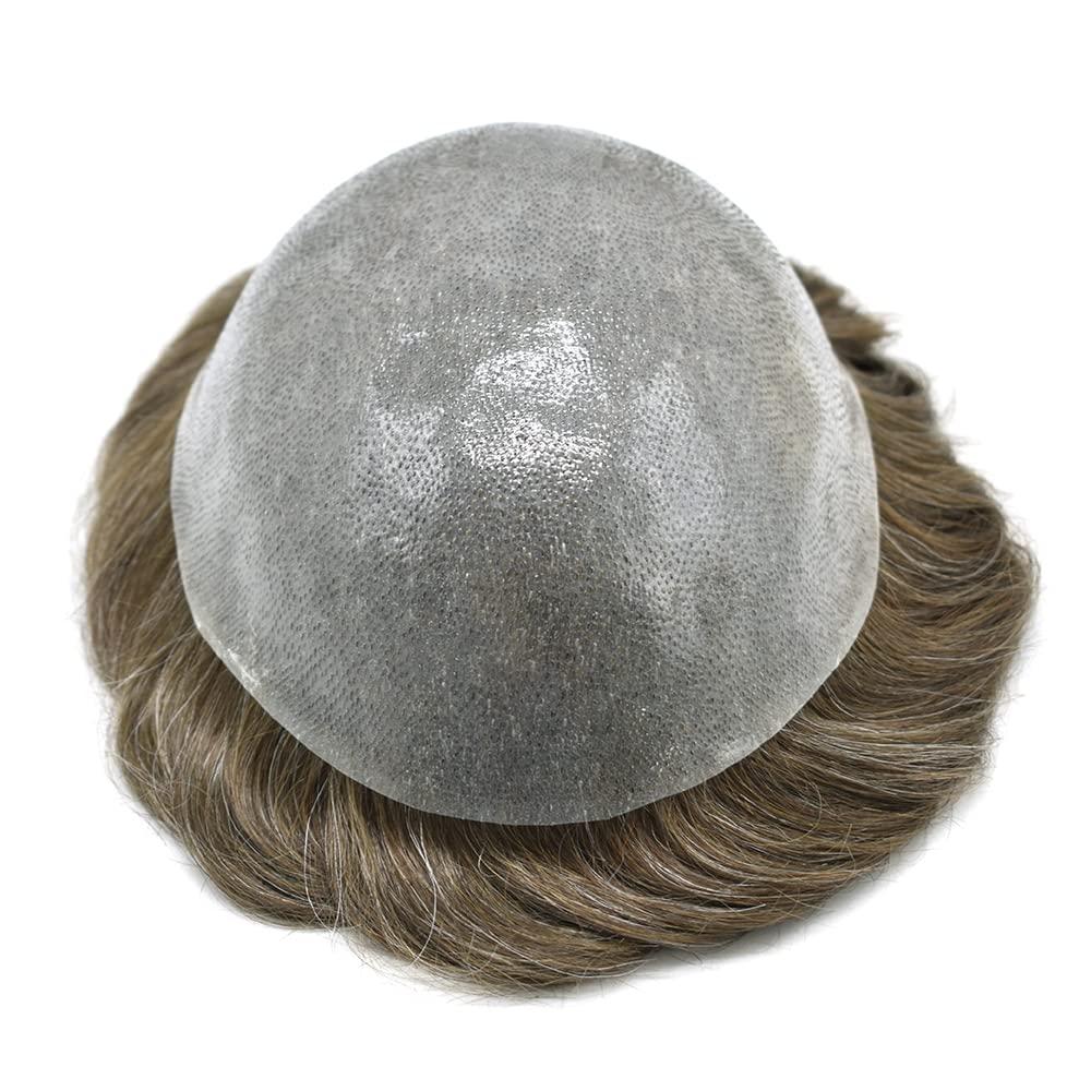 LHC Hair System For Men 0.1MM Full Poly Toupee For Men Human Hair ComfortableWiht durable Mens Hair Pieces Protesis Capilar Para Hombre (8\'\'*10\'\', #740 7# VERY LIGHT BROWN WITH 40% SYNTHETIC GREY -110% light to medium density)