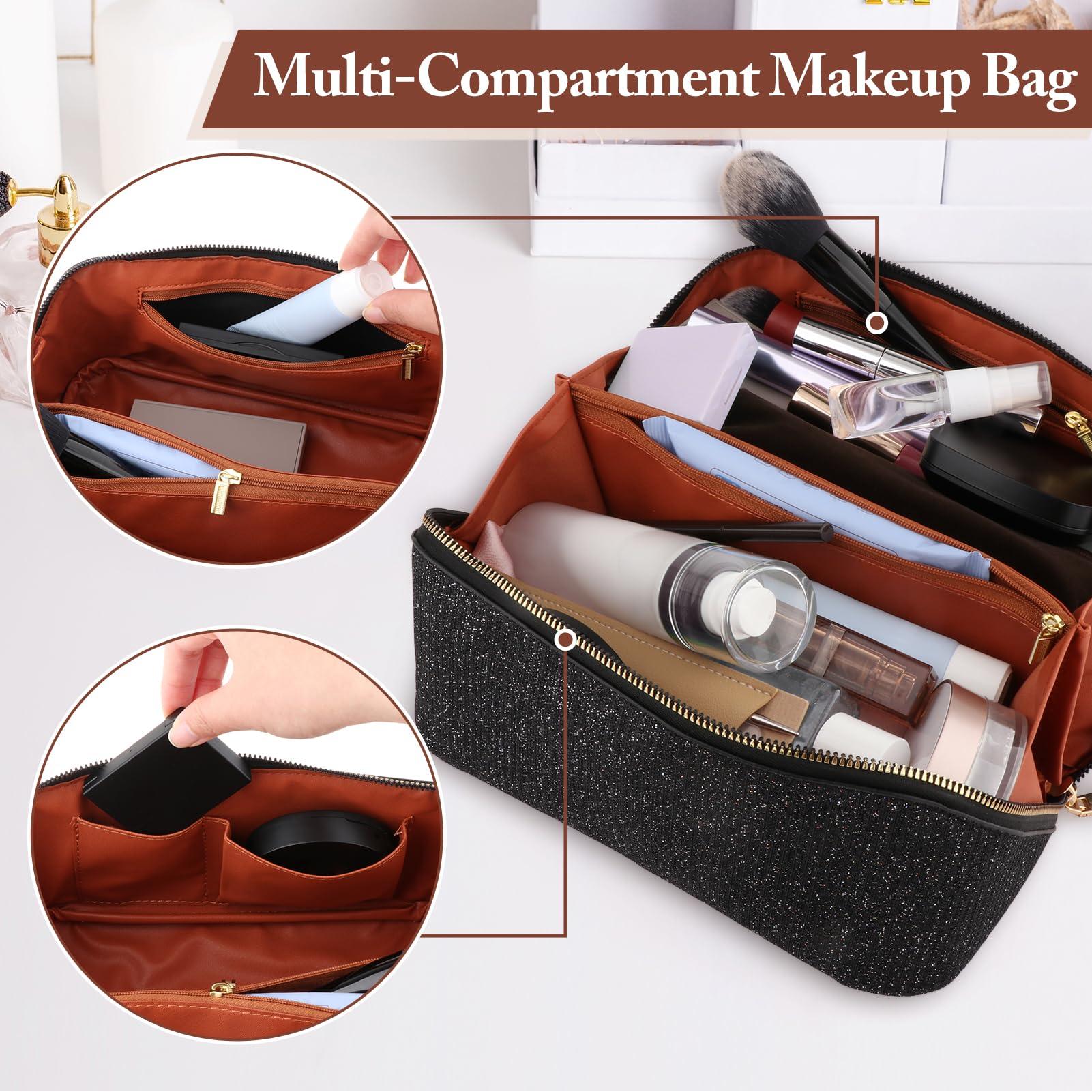 QLoztyse QLoztyse Large Capacity Travel Cosmetic Bag - Lay Flat Makeup Bag with Handle and Compartment Large Opening Sparkly Glitter Cosmetics Organizer for Girl, Black