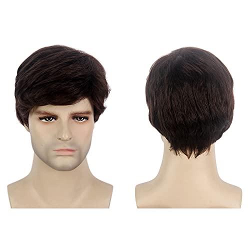 R REEWES FASHION HAIR REEWES Mens Dark Brown Wig Short Men Wig Curly Men's Wig with Side Swept Bangs Natural Synthetic Full Wig for MaleDaily Party Costume Cosplay Wear