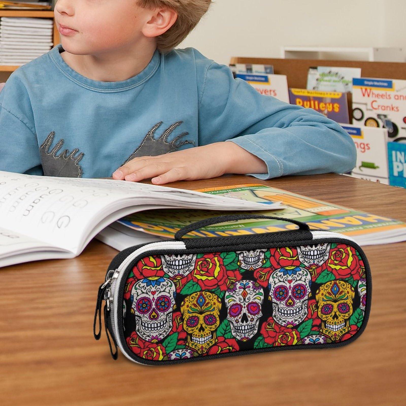 Meaudiwes Fashion Small Pencil Pouch Makeup Bag, Purse Makeup Bag, Portable Toiletry Travel Bag For Women Men Office With Zipper Compatible with Mexican Day Dead Rose Sugar Skulls