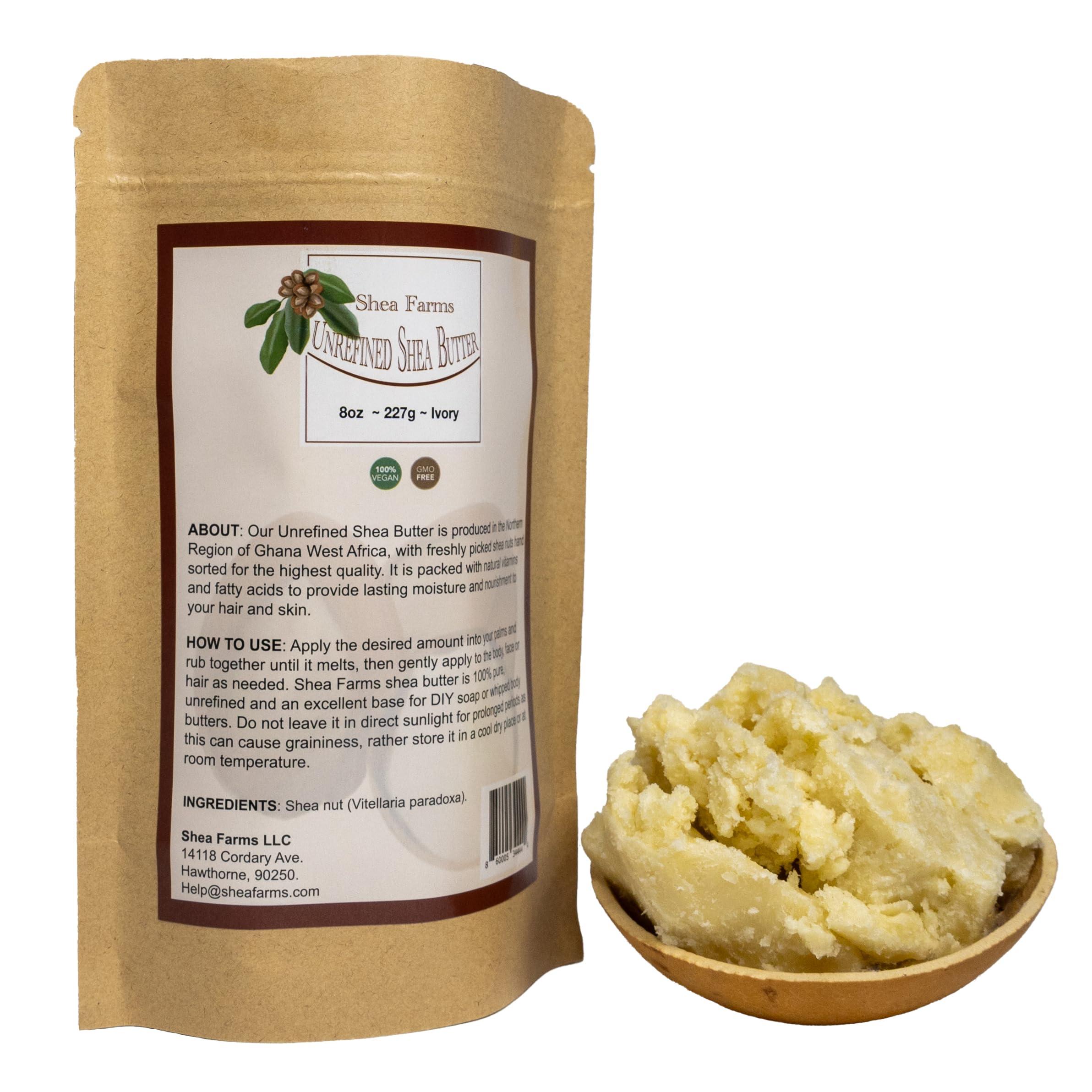Shea Farms Raw Shea Butter - 8oz/.5lb Unrefined Shea Butter - Moisturizing African Shea Butter for All Skin Types - 100% Natural and Pure - Use it alone, as a base for Soap or Whipped Body Butter