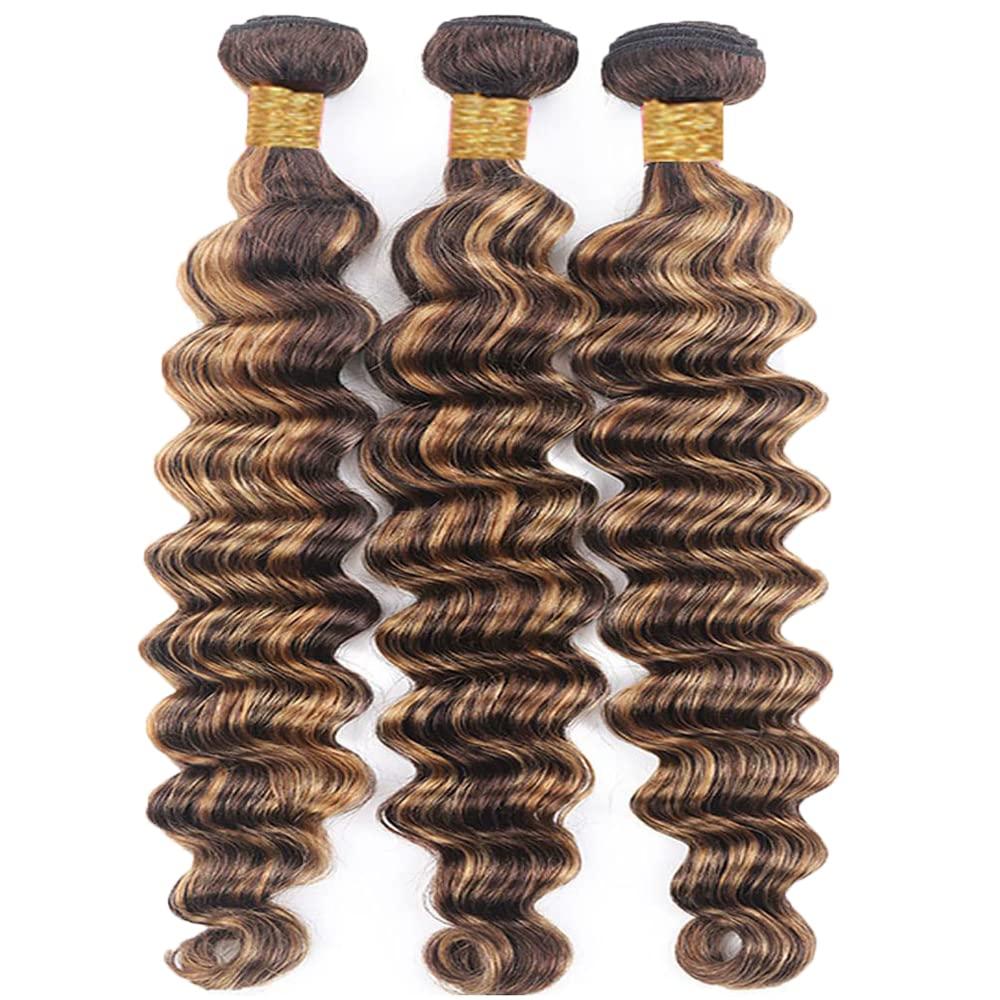 Freiuoke 26 28 30 Inch P4/27 Human Hair Bundles Blonde Deep Wave Human Hair Bundles Brazilian Unprocessed Virgin Hair 3 Bundles Two Tone Brown Mixed With Honey Blonde Bundles Hair Weave for Women