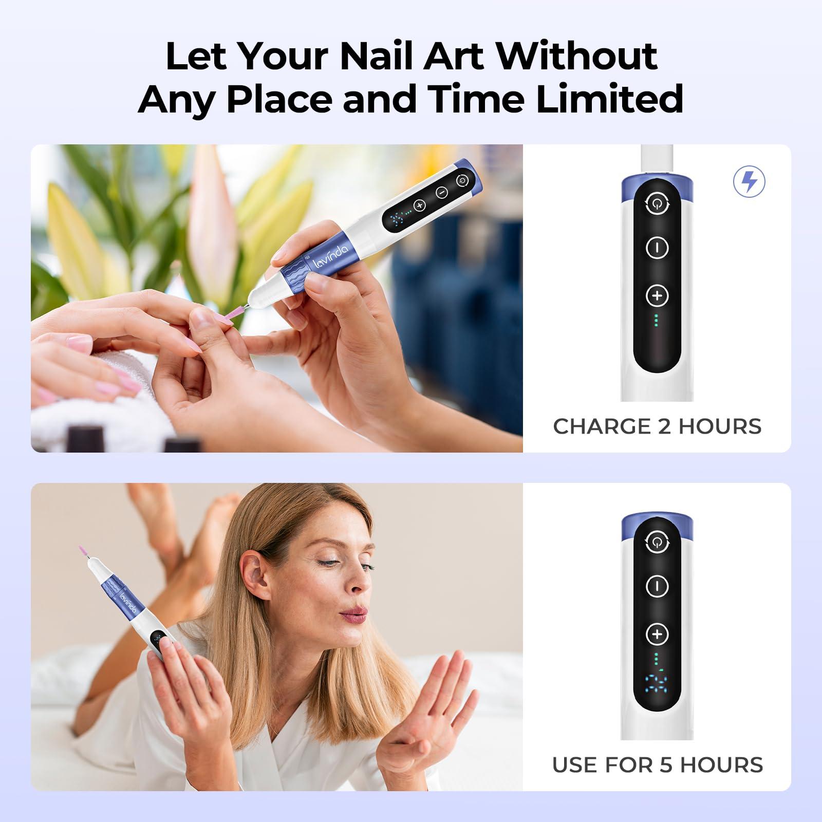 Lavinda Cordless Nail Drill, Lavinda Professional 35000RPM Electric Nail Drill Kit for Acrylic Gel Nails, Portable Rechargeable Nail File Set Efile Nail Drill Machine with Drill Bits Sanding Bands
