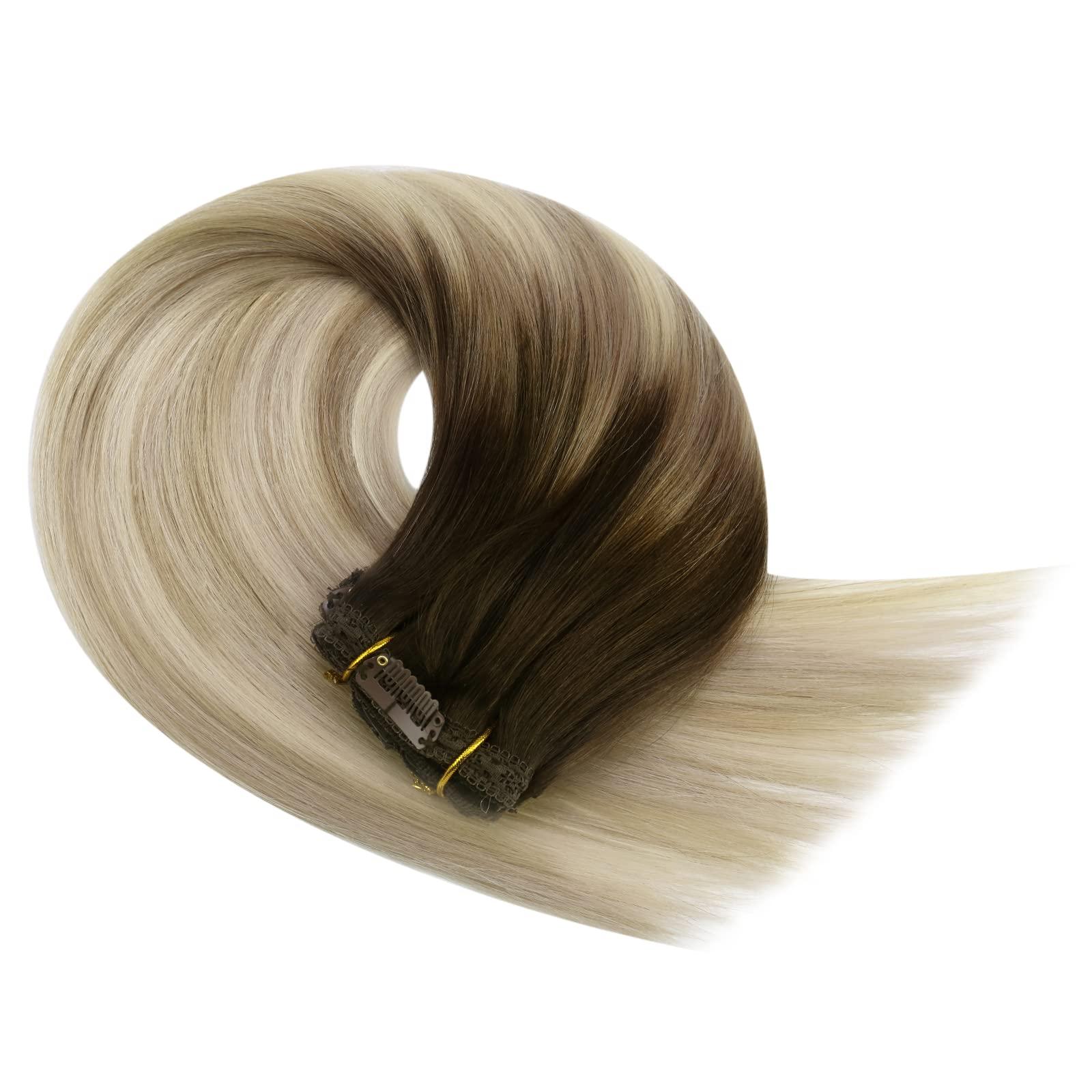 YoungSee YoungSee Clip in Hair Extensions Ombre Blonde Clip in Hair Extensions Real Human Hair Balayage Dark Brown Mix Blonde Straight Hair Extensions Clip ins for Short Human Hair Extensions 12Inch 7Pcs 80G