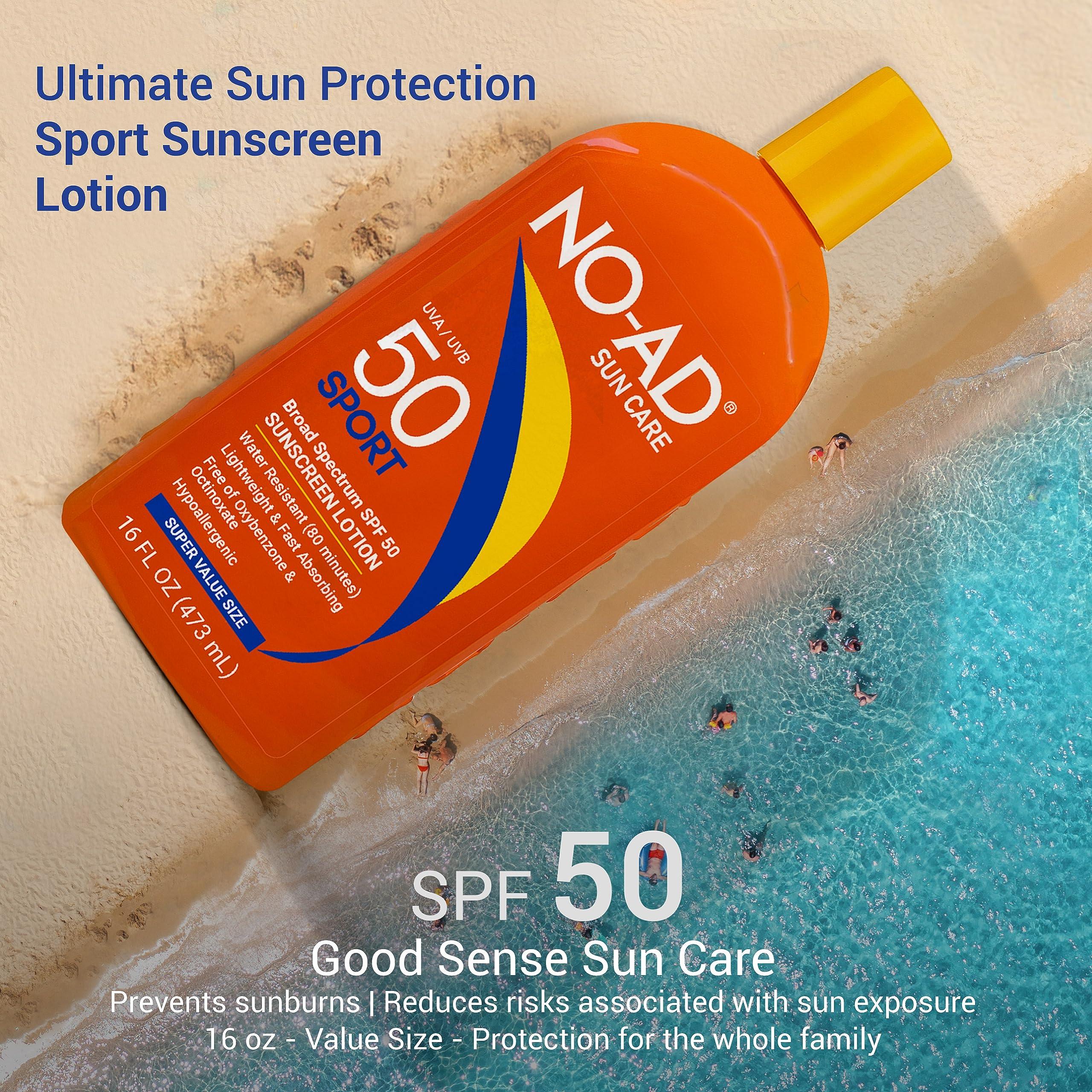 NO-AD NO-AD SPF 50 SPORT Sunscreen Lotion | Hypoallergenic | Broad Spectrum UVA/UVB Protection | Water Resistant | Octinoxate & Oxybenzone Free with moisturizing Vitamin E and Aloe 16oz