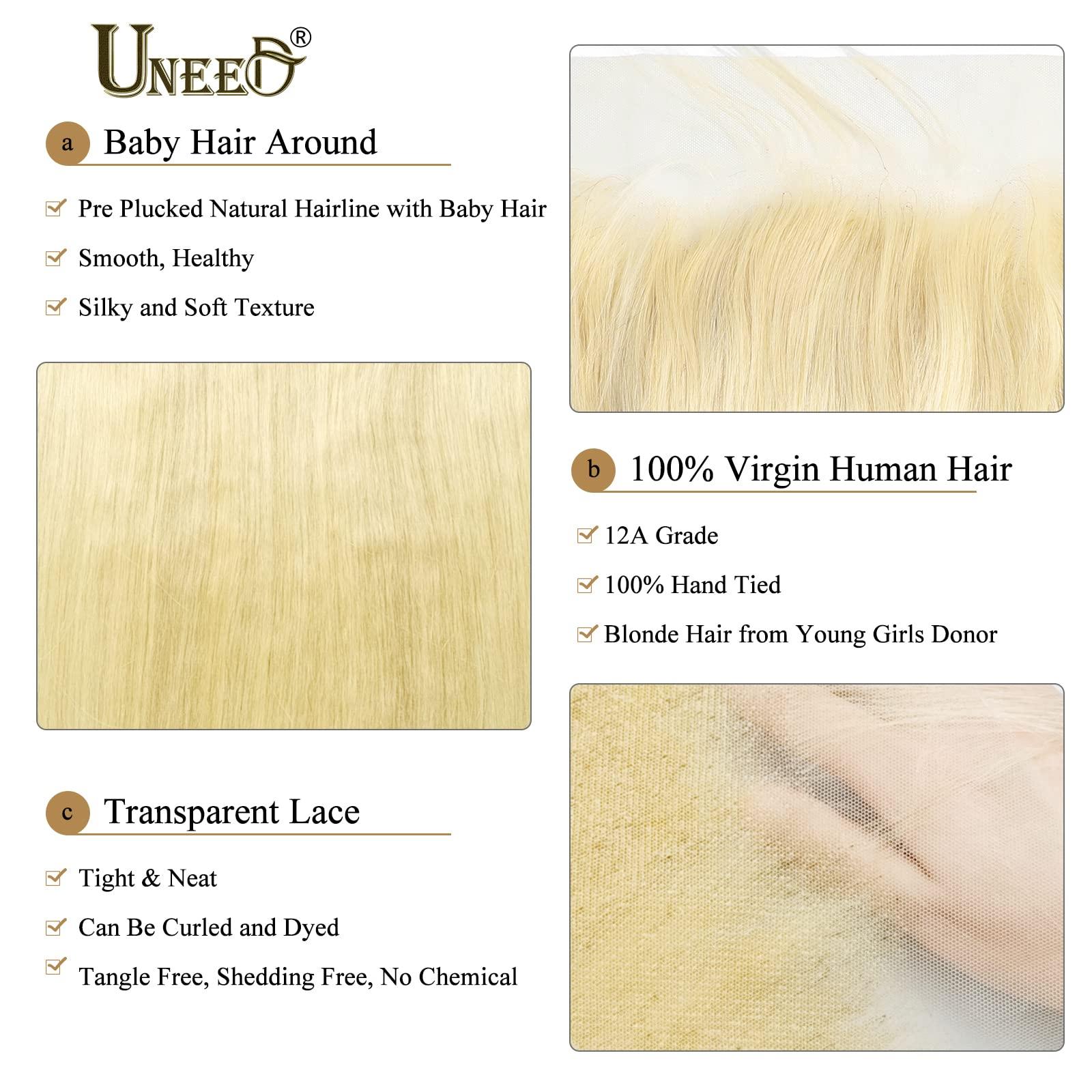 UNEED UNEED 613 Blonde Frontal 13x4 Human Hair 16 Inch Straight Brazilian Virgin Hair Frontal 12A Transparent HD Lace Pre Plucked with Natural Hairline