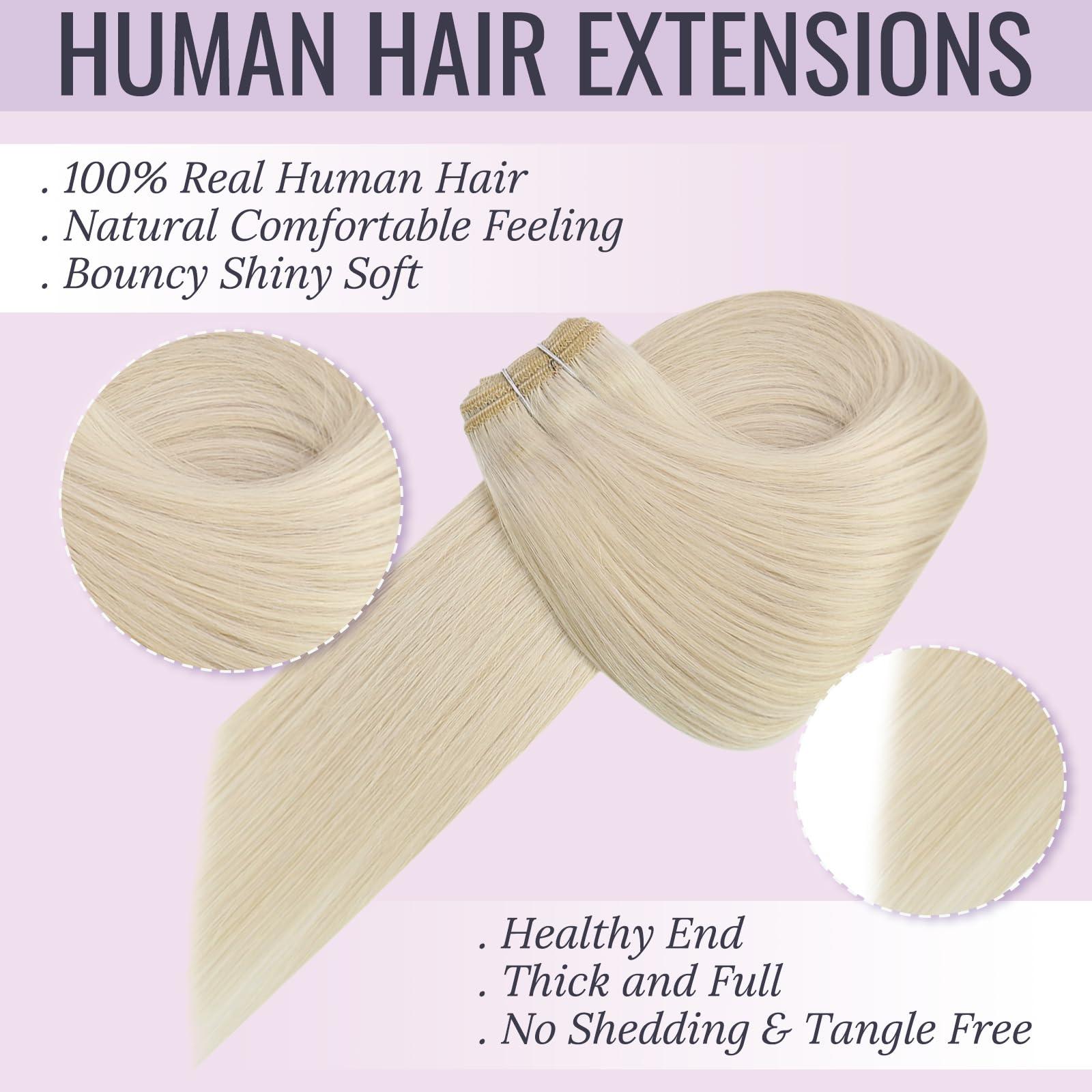 Fshine Fshine Blonde Weft Hair Extensions Human Hair 20 Inch 100 Gram White Blonde Sew in Hair Extension Double Weft Straight Real Human Hair Bundle for Women