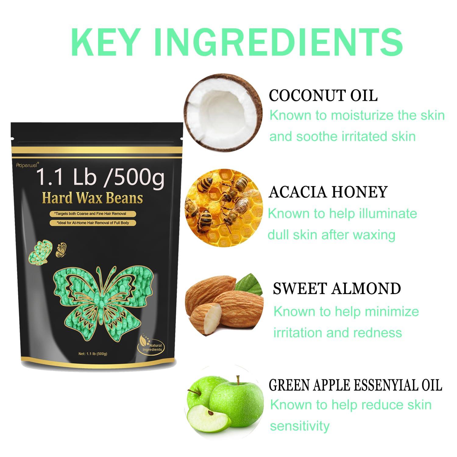 Auperwel Hard Wax Beads for Hair Removal - 1.1lb/17.05oz Waxing Beads for Coarse Hair, Sensitive Skin, Brazilian Bikini,Underarms,Face,Body - Wax Beans Bulk with 20 Wax Sticks At Home Wax Kit(Olive Green)