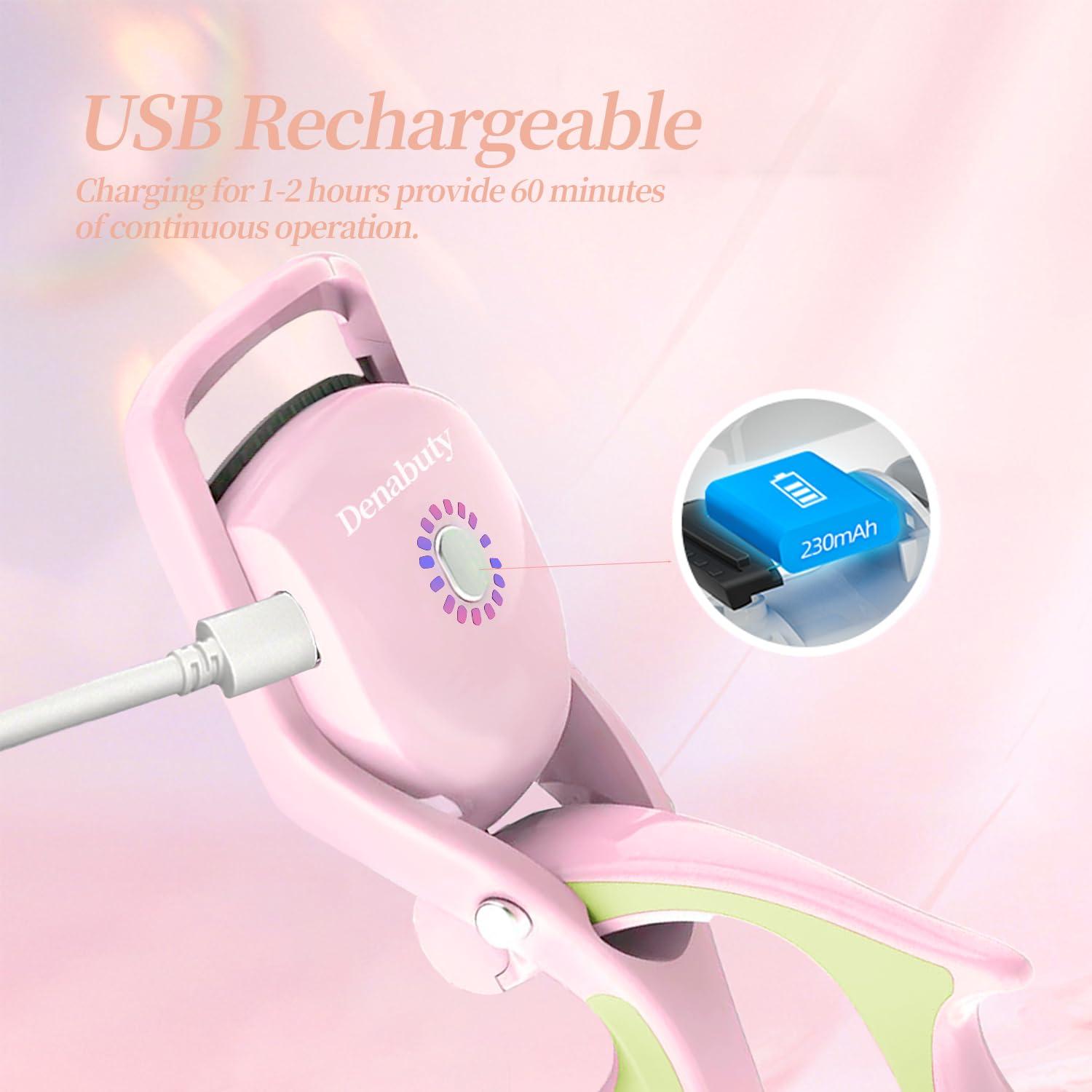 Denabuty Denabuty Heated Eyelash Curlers, Rapid Heated Lash Curler Electric Quick Natural Curling for Long Lasting with Sensing Heating Silicone Pad, 3 Tempreture Setting & USB Rechargeable, Pink