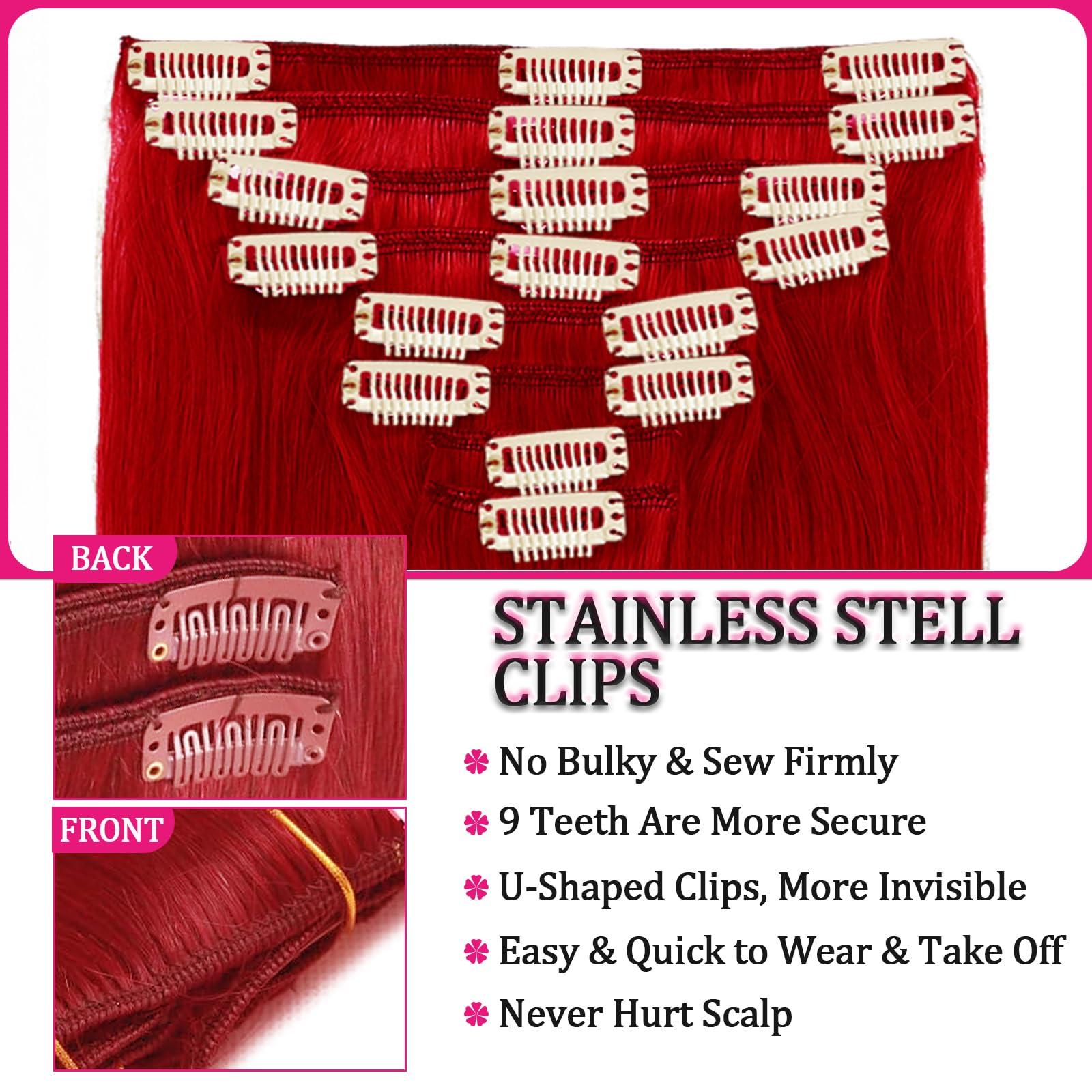 FZV Clip in Hair Extensions Red Hair Extensions Real Human Hair Clip ins 120g 8pcs Silky Straight Natural Hair Extensions Remy Human Hair for party, No shedding No Tangling (20inch)