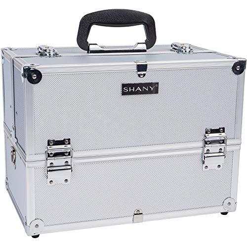 SHANY SHANY Essential Pro Makeup Train Case Cosmetic Box Portable Makeup Case Cosmetics Beauty Organizer Jewelry storage with Locks, Multi Compartments Makeup Box and Shoulder Strap - Silver