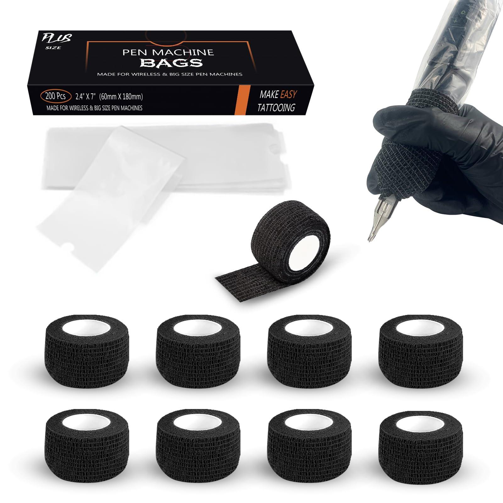EZTAT2 EZ Tattoo Machine Covers with Grip Tapes - 9PCS (1inch x 5 Yard) Tattoo Grip Wrap with 200pcs (2.4 inch X 7 inch) Disposable Tattoo Pen Machine Covers Tattoo Supplies
