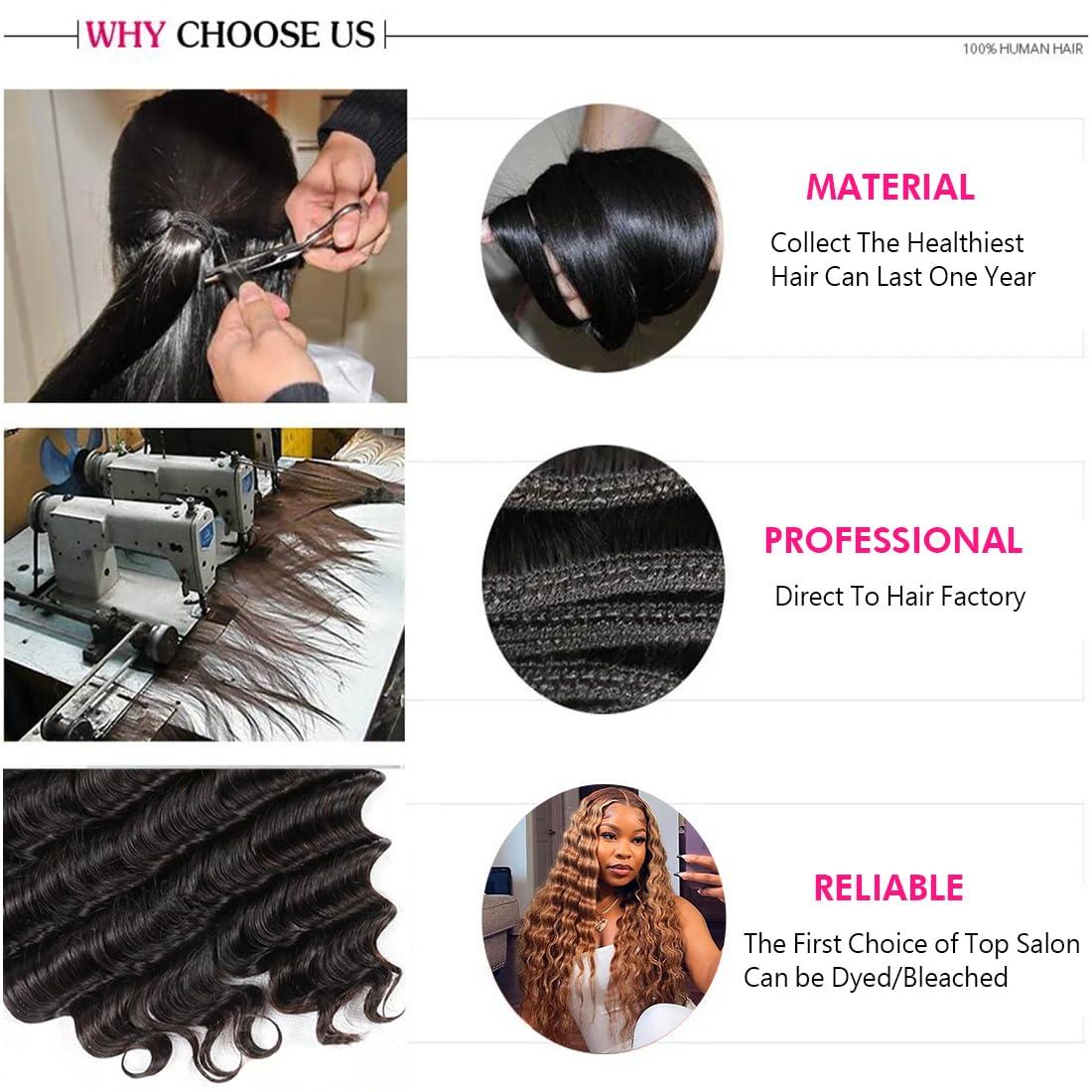 Taziza Loose Deep Wave Bundles with Closure Human Hair(24 26 28+22 Inch,Free Part) Pre Plucked with Baby Hair 12A Loose Wave Bundles with 4X4 Closure Raw Human Hair Loose Deep Curly Bundles and Closure