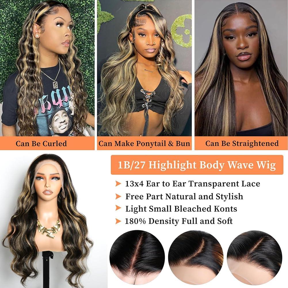PDTBO PDTBO 34 Inch Ombre Lace Front Wig Human Hair Pre Plucked 1B/27 Highlight 13x4 Lace Front Wig Human Hair 180% Density HD Lace Frontal Wigs for Black Women Human Hair