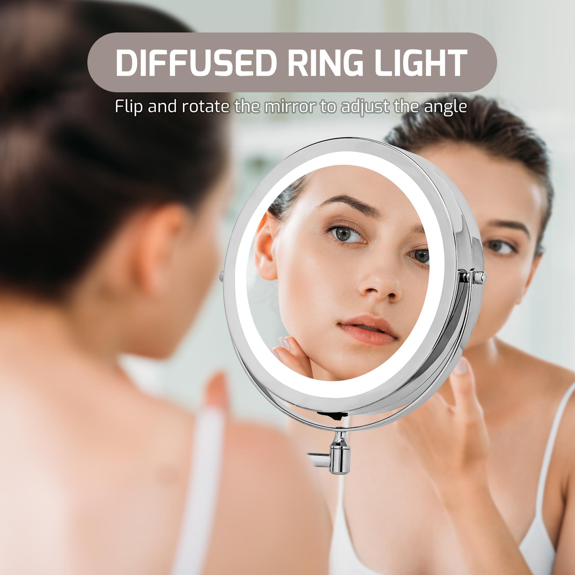 OVENTE OVENTE 9" Lighted Wall Mount Makeup Mirror with 1X/10X Magnification, Cordless Double Sided Magnifying Round Vanity Mirror, 360 Swivel Design, Extendable and Folding Arm, Polished Chrome MFW85CH1X10X