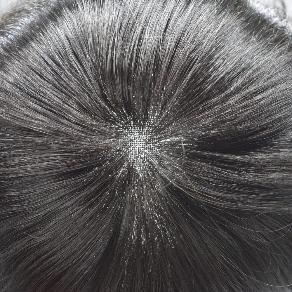 Hair Wonders Fine Mono Mens Toupee Real Human Hair French Lace Frent Toupee For Men Bleached Knots Natural Hairline Hand Tied Men Hair Replacement System Durable Fine Mono Human Hair Toupee Men Hairpieces (8\'\'X10\'\', #1B30 #1B Off Black + 30% Grey-120% Light M