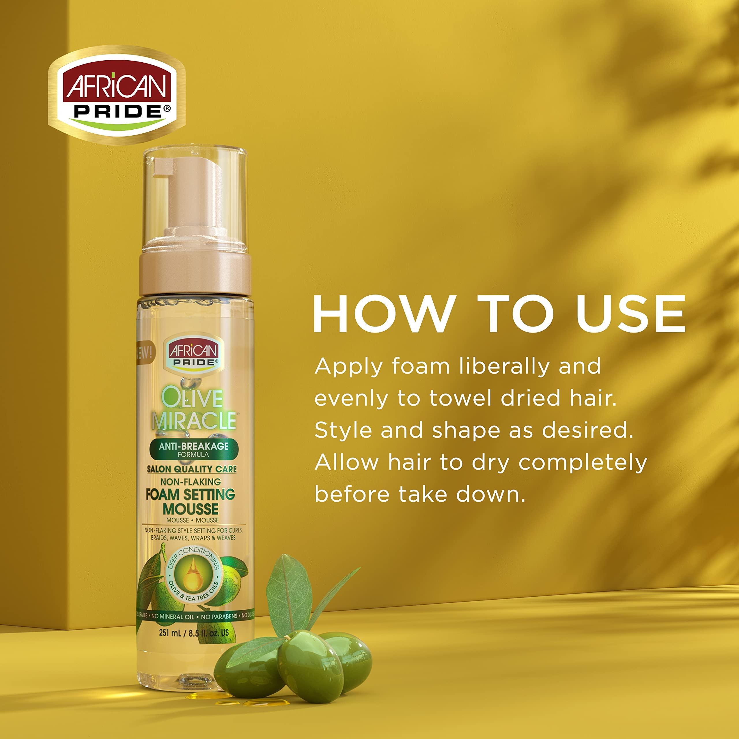 African Pride African Pride Olive Miracle Non-Flaking Foam Setting Hair Mousse (3 Pack), Long-Lasting Frizz & Shine Control for Curls, Braids, Weaves, Wigs, Waves & Wraps, 8.5 oz