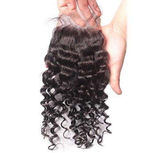 RemeeHi Remeehi Deep Curly Silk Base Top Closure Bleached Knots Free/Middle/3 Part 4"X4" Brazilian Virgin Human Hair Closure Natural Color (Middle Part 10 inch)