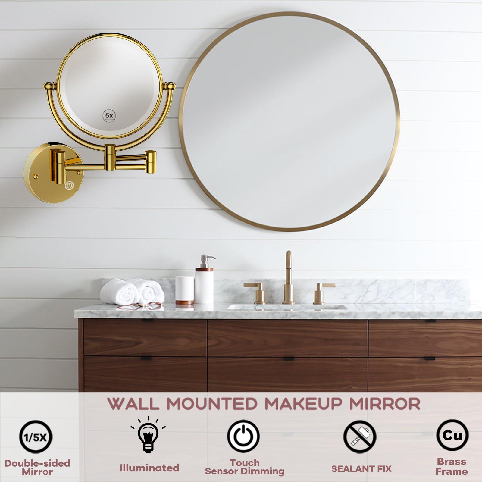 RECKODOR RECKODOR Wall Mount Magnifying Mirror with Light for Bathroom Makeup Mirror Wall Mounted Vanity Mirror Gold, 1/5X 2 Sided Extension Personal Wall-Mounted Mirror for Make-up Shaving, Hardwired