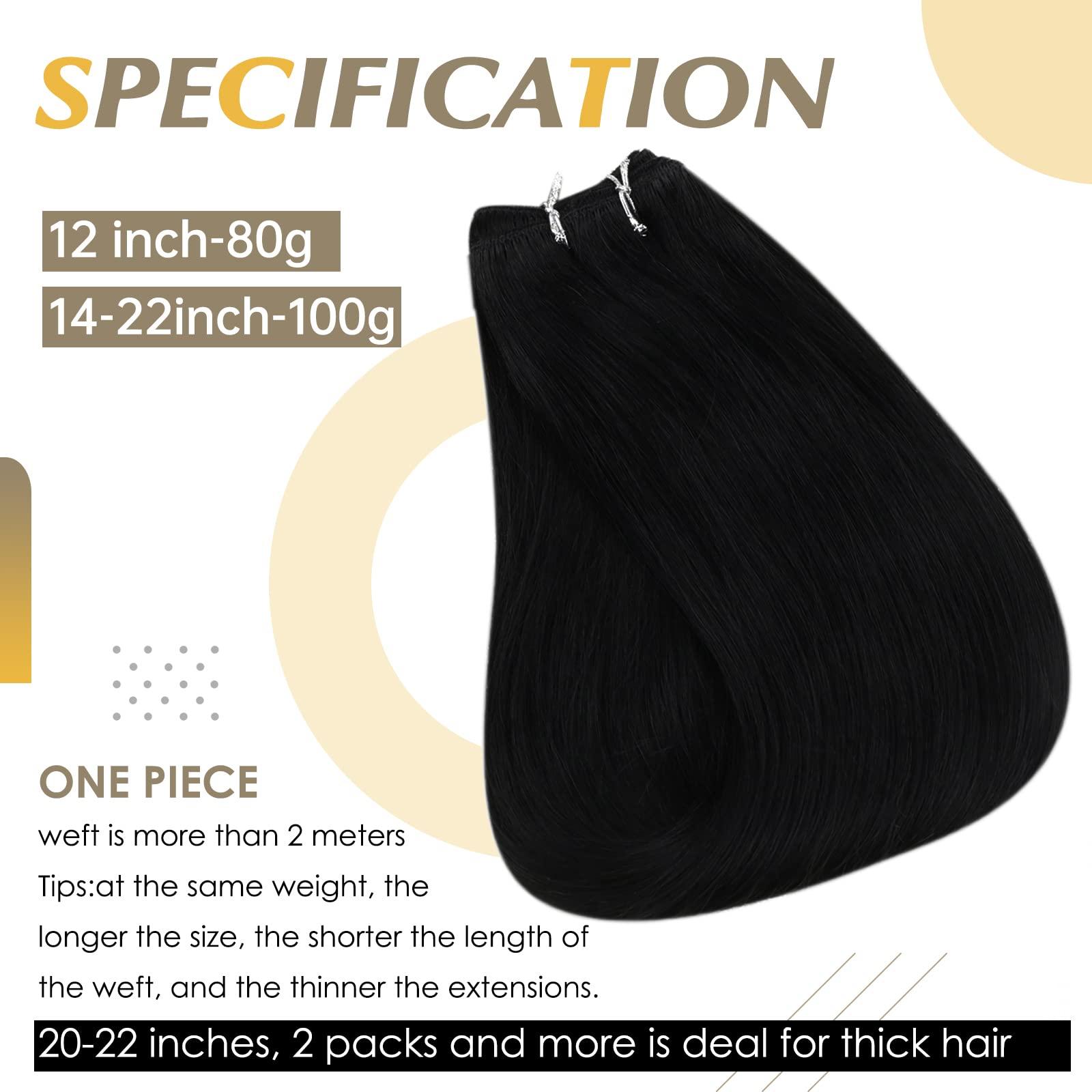 Full Shine Full Shine Black Weft Human Hair Extensions 22 Inch and Sew in Hair Extensions Real Human Hair Jet Black