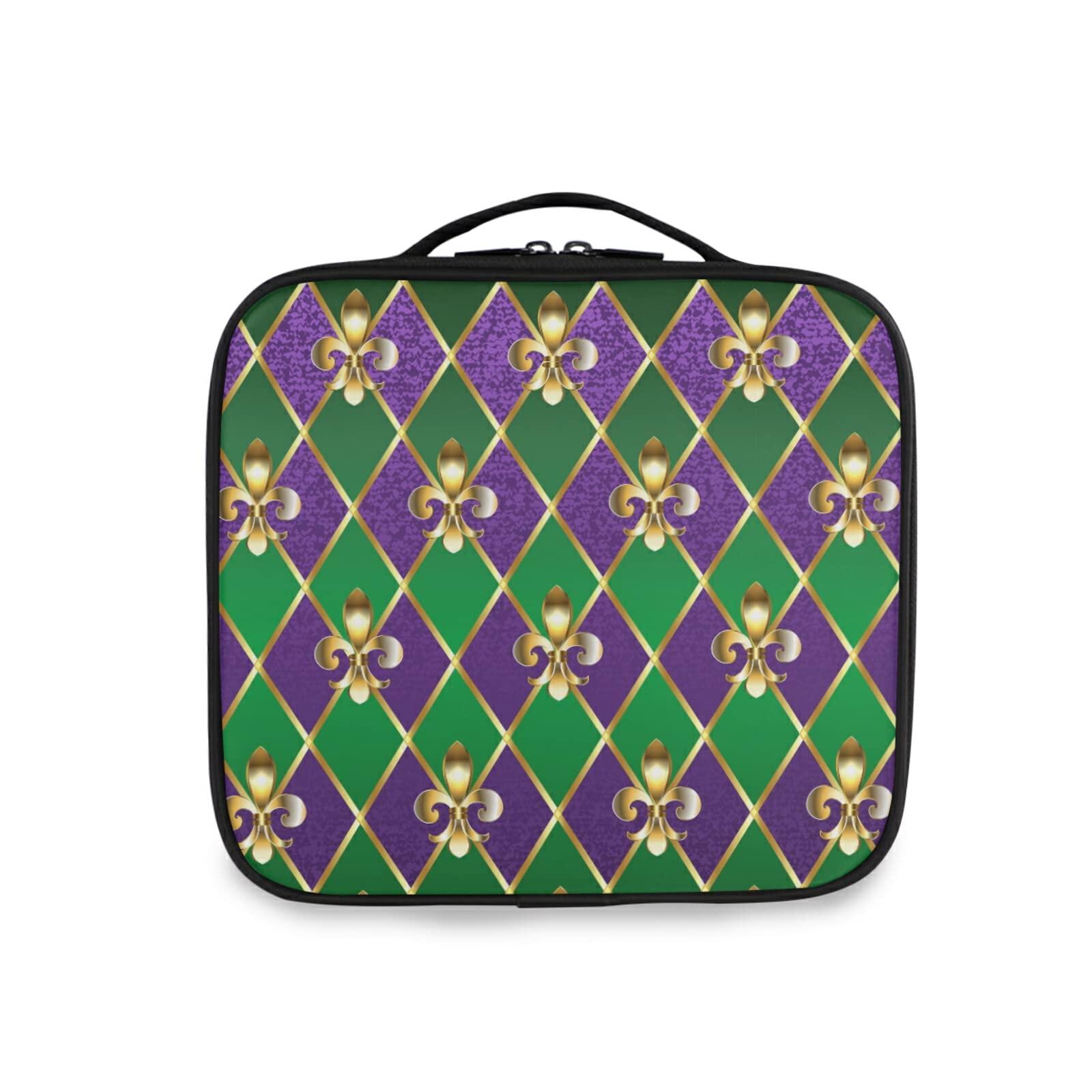Poeticcity Mardi Gras Gold Fleur De Lis on Purple and Green Rhombus Large Women Makeup Bag, Train Toiletry Storage Case, Portable Coin Purse Holder Zipper Pouch Travel Cosmetic Organizer for Women and Girls