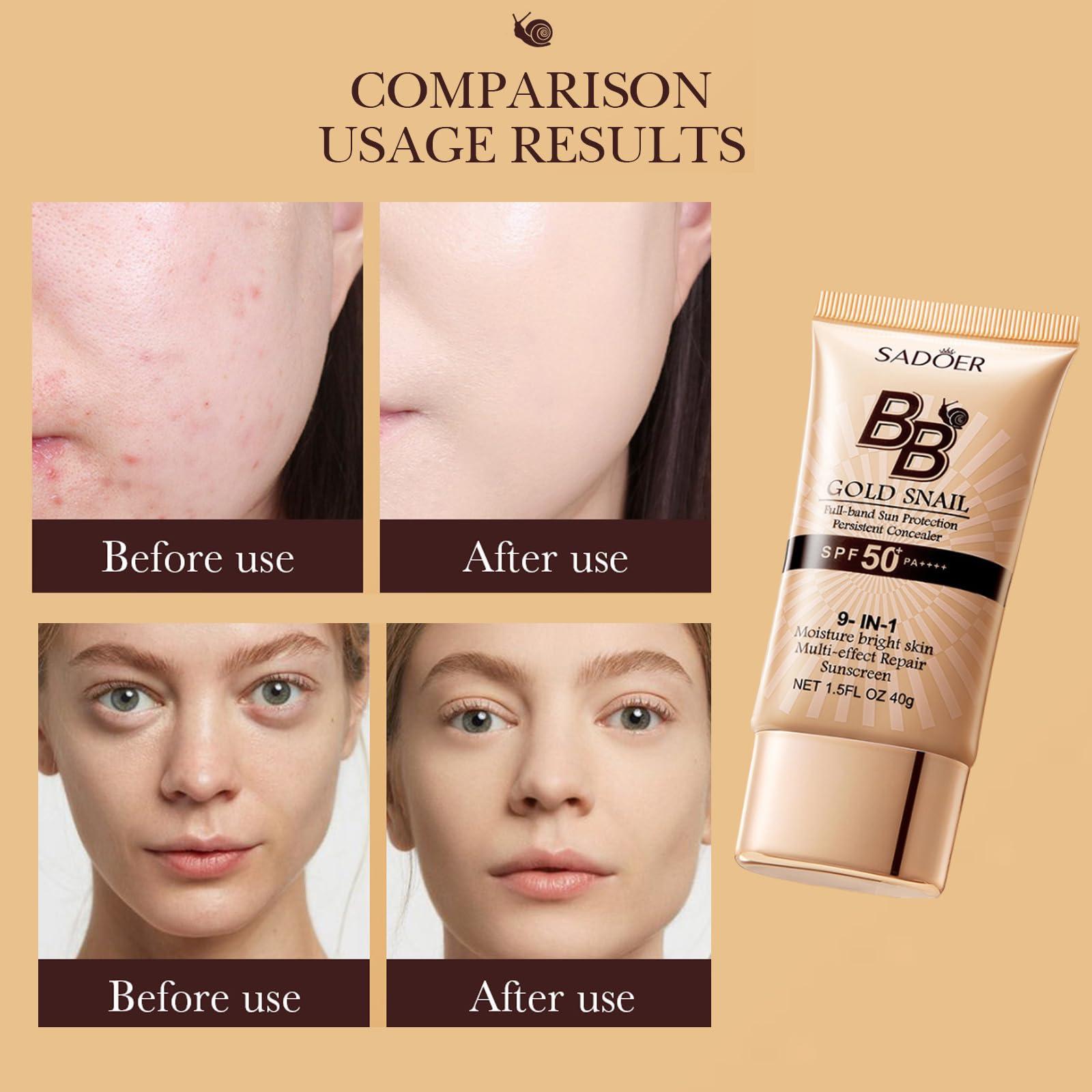 SADOER Korean BB Cream with SPF 50, 9 in 1 BB Cream Sunscreen SPF 50 Korean Waterproof Sweatproof, Foundation Full Coverage Tinted Moisturizer, Facial Concealer for Oily Skin, Dry Skin (02#Lvory Colour)