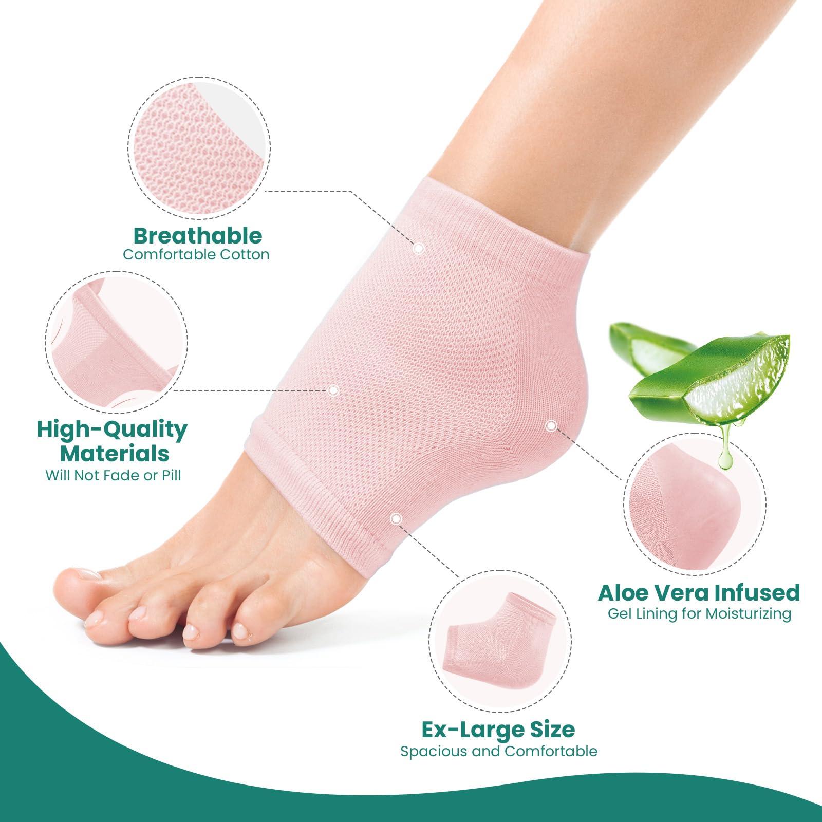 Welnove Welnove Moisturizing Heel Socks - 2 Pairs Aloe Vera Extract Infused Gel Lining for Dry Feet - Cracked Heel Repair Treatment - Cotton Socks for Women Men Foot Care (Pink, Extra Large)