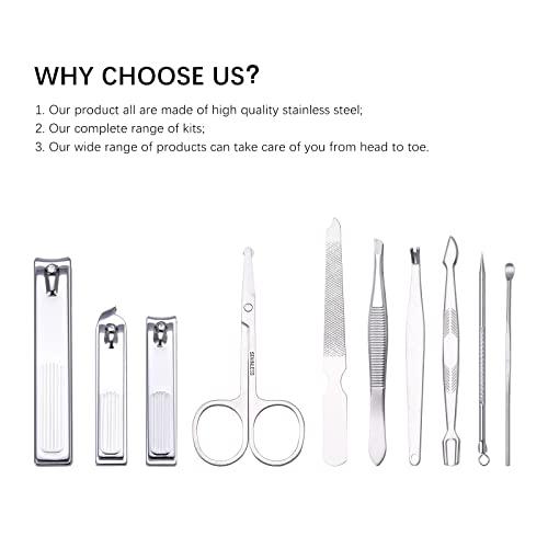 FIXBODY FIXBODY Nail Clippers Set, Professional Manicure set and Pedicure Kit, 10 Pieces Nail Care Kit, Toenail Clippers with Gray Leather Case, Gift for Men and Women