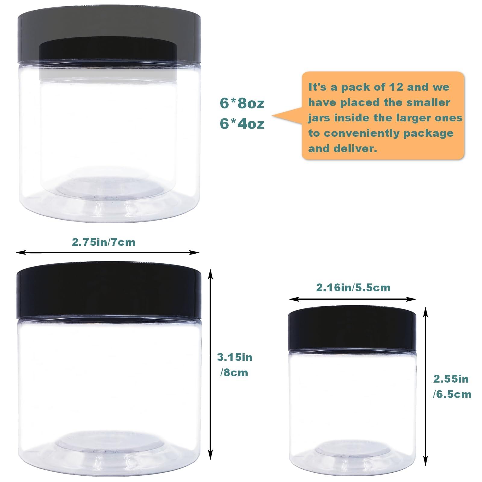 hodooly 8 oz Plastic Containers with Lids + 4oz Small Containers with Lids (Set of 12) Plastic Jars with Lids Cosmetic Jar for Body Butter, Bath Salt, Slime and Beauty Product