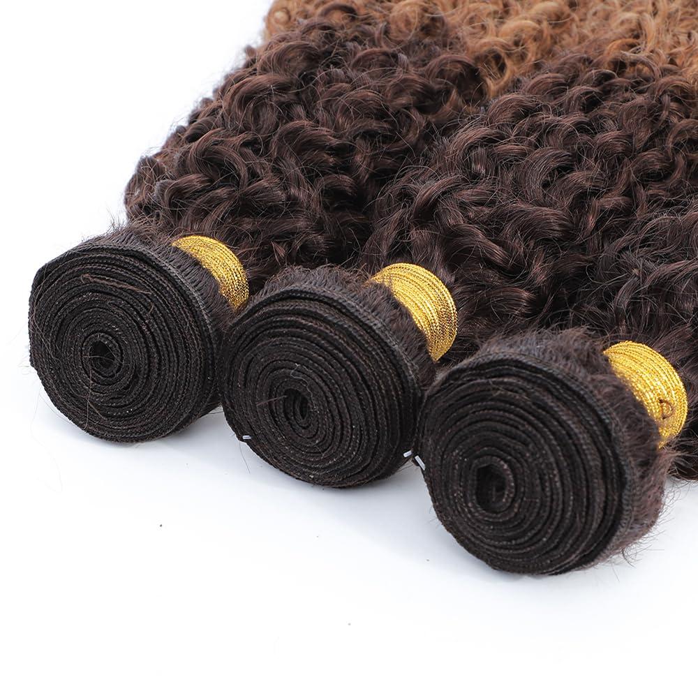 FASHION VILA Curly Bundles Human Hair 2 Tone Ombre Brazilian Virgin Hair 3 Bundles Human Hair Weave Bundles 100% Unprocessed Kinky Curly Human Hair Extensions T4/30 Medium Brown/Medium Auburn(22 24 26)