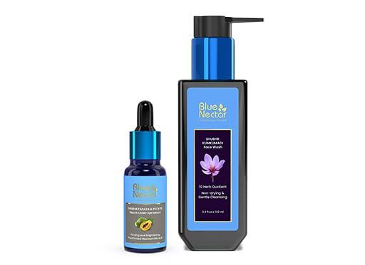 Blue Nectar Blue Nectar Dark Circles Under Eye Serum with Plant Based Niacinamide from Potato (1Fl Oz) with Kumkumadi Face Wash with with Saffron for Women & Men (3.38 Fl Oz)