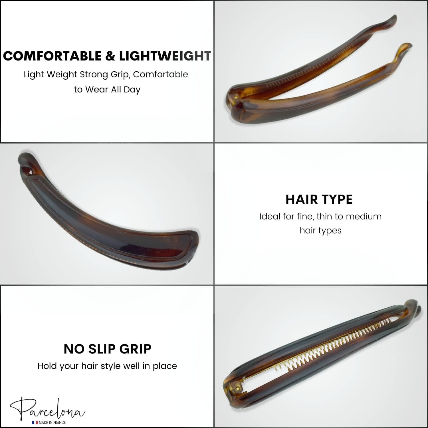 Parcelona Parcelona French Plain Curve 4 1/4 Tortoise Shell Brown Celluloid French Banana Hair Clip Flexible Ponytail Holder Fashion Durable Styling Paris Hair Accessories for Women, Made in France