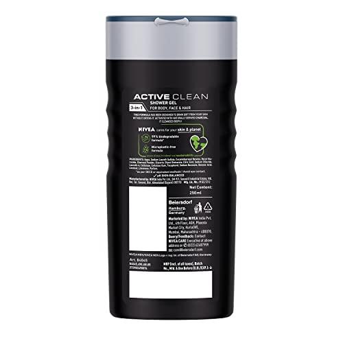 NIVEA NIVEA MEN Hair, Face & Body Wash, Active Clean Shower Gel, 250ml